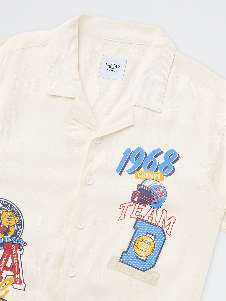 HOP Kids Boys Ivory Baseball-Theme Resort-Fit Shirt