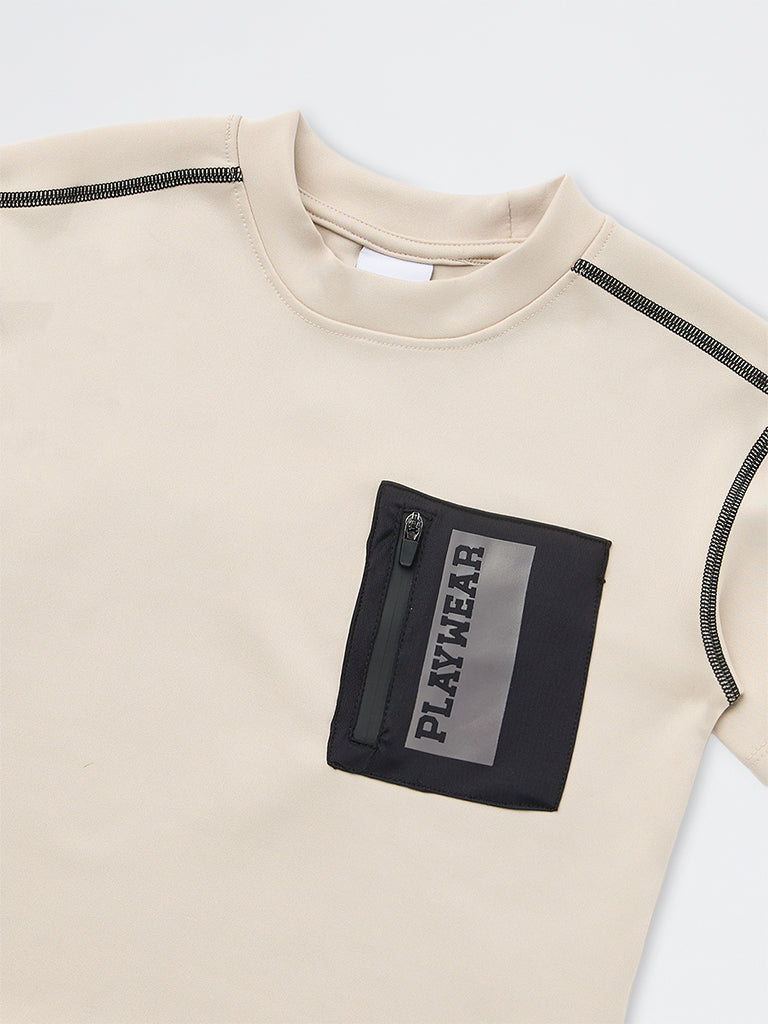 HOP Kids Boys Beige Pocket-Detailed T-Shirt