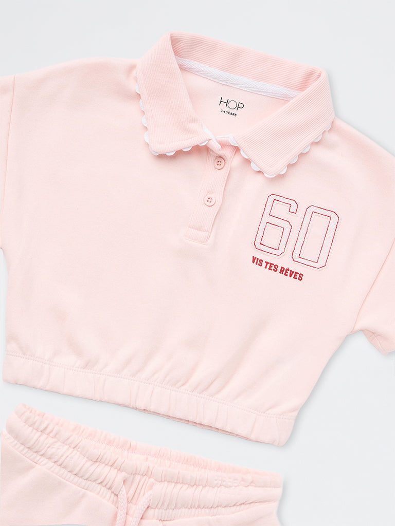 HOP Kids Girls Light Pink Cotton-Blend Polo T-Shirt and Skirt Set