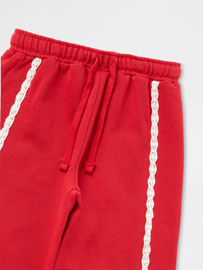 HOP Kids Girls Red Lace Detailed High-Rise Wide-Leg Cotton Trousers