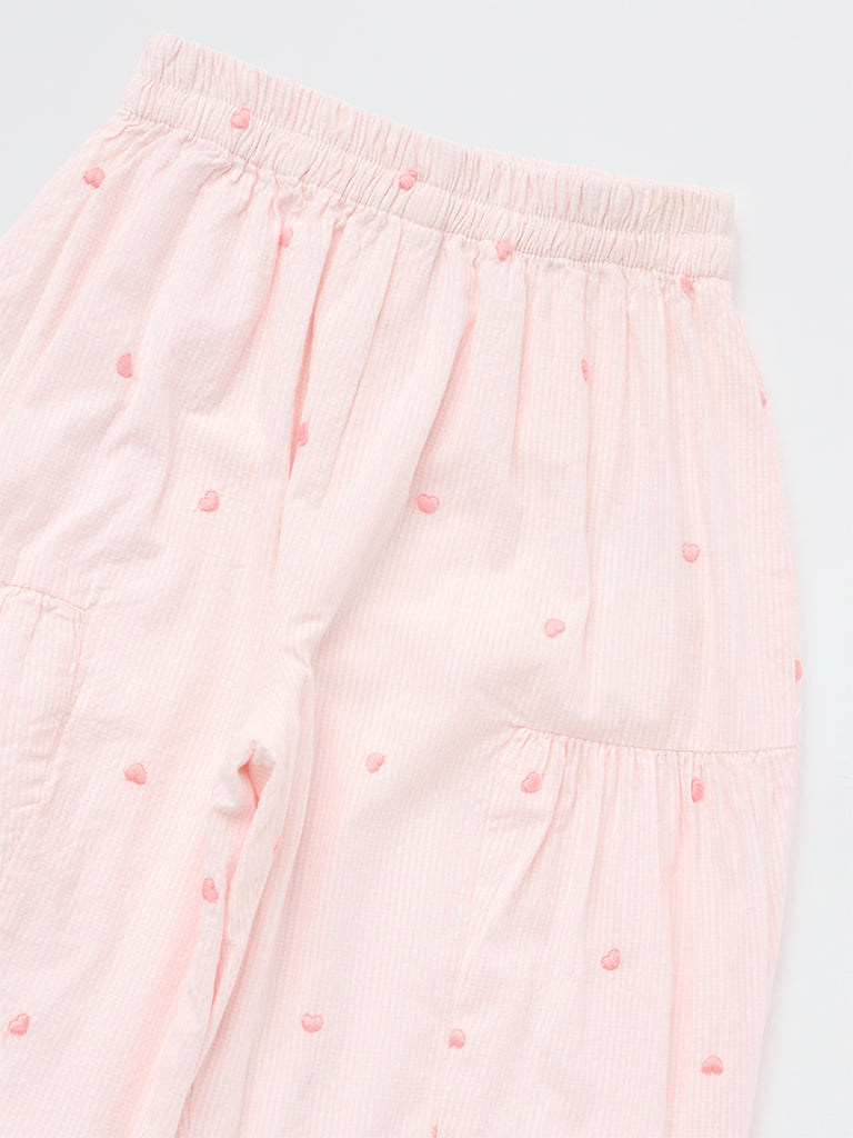 HOP Kids Girls Pink Heart Embroidered High-Rise Cotton Pants