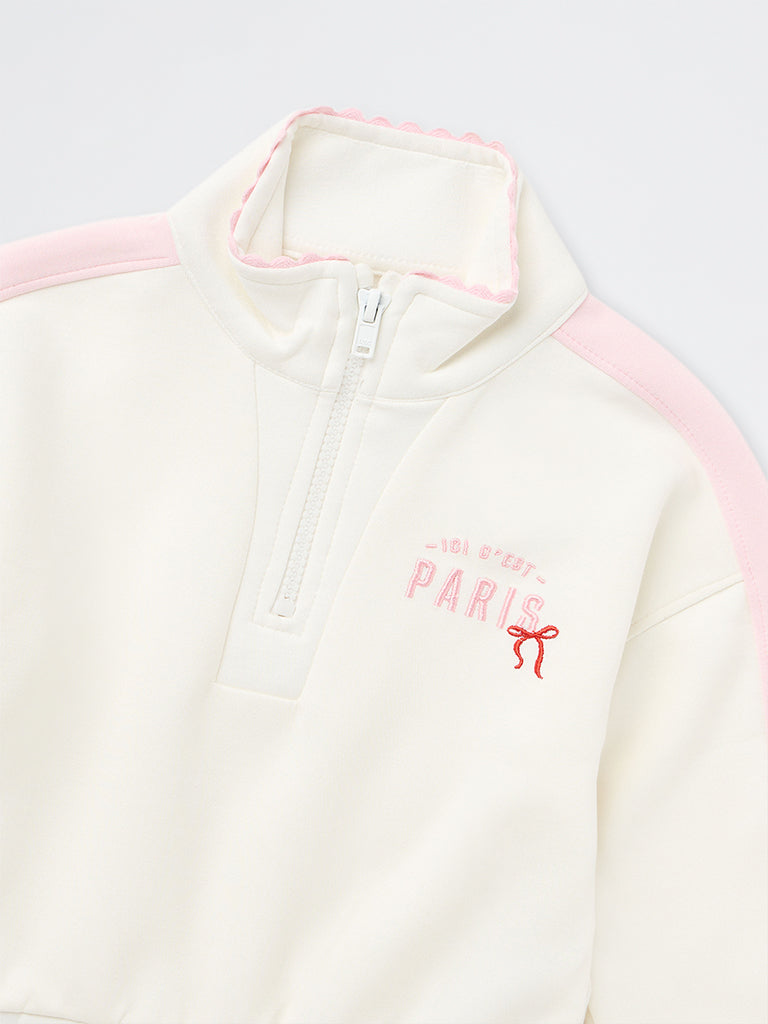 HOP Kids Girls Off-White Typographic Quarter-Zip Sweatshirt