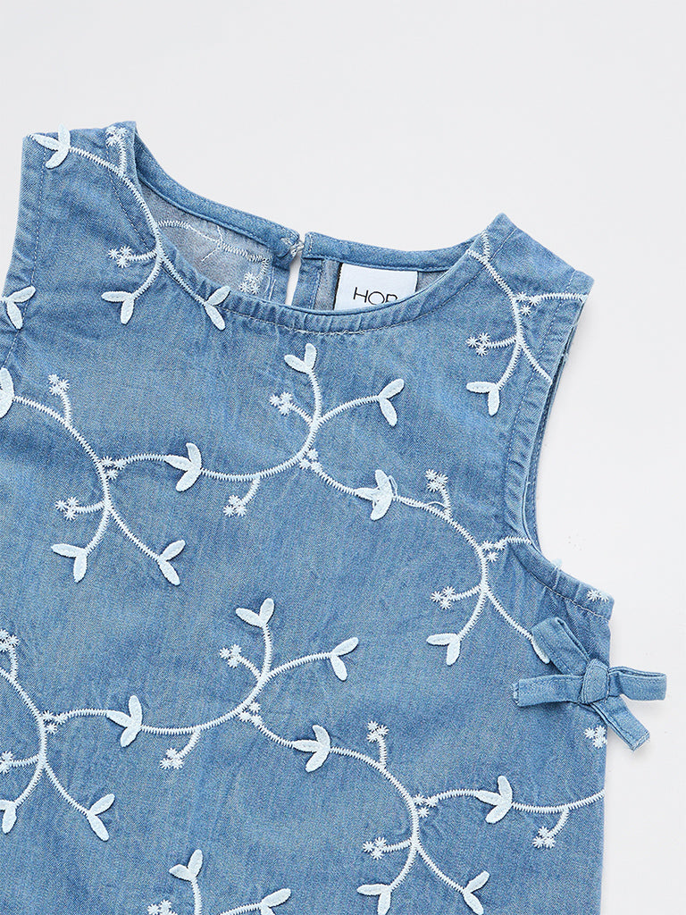 HOP Kids Girls Blue Floral Embroidered Denim Top