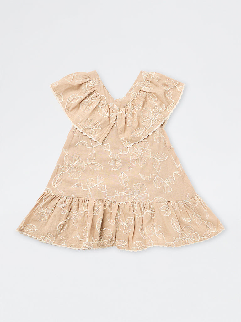 HOP Kids Girls Beige Floral Embroidered Cotton A-Line Dress