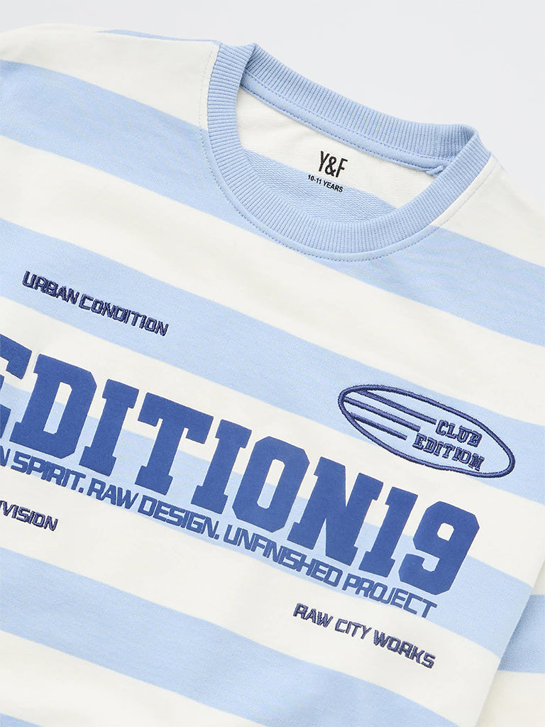 Girls Light Blue Stripe Printed Cotton Sweatshirt