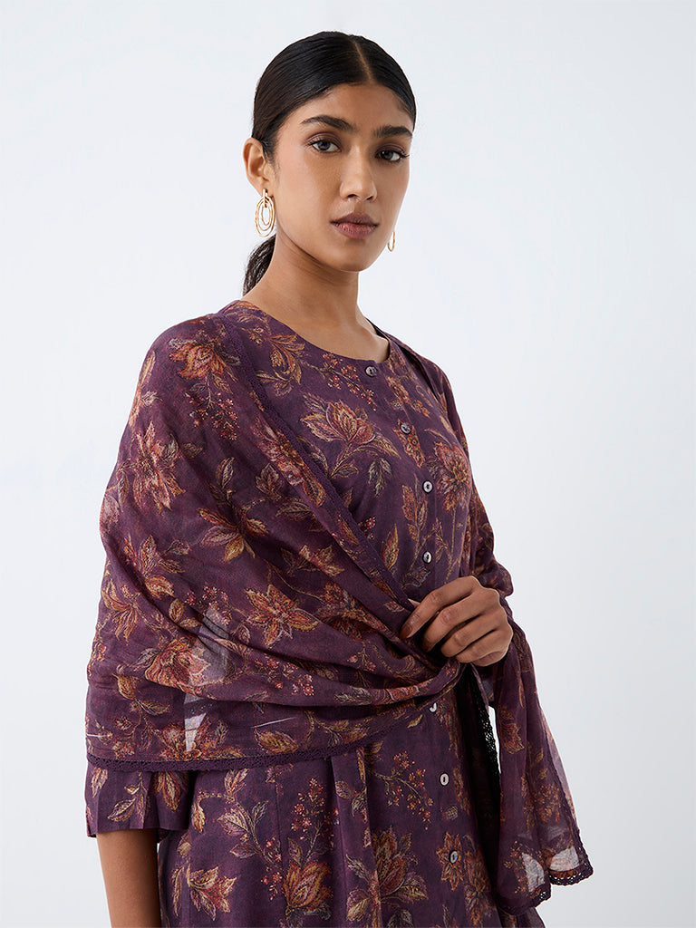 Zuba Violet Floral Printed Cotton-Blend Dupatta