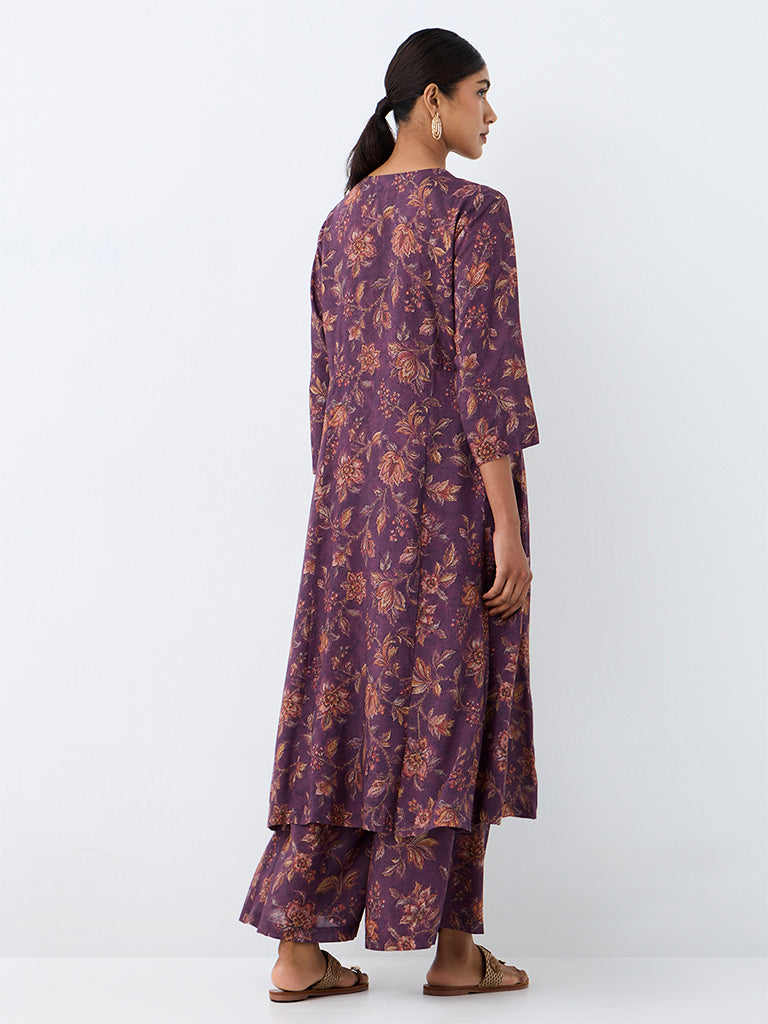 Zuba Violet Floral Pattern A-Line Kurta