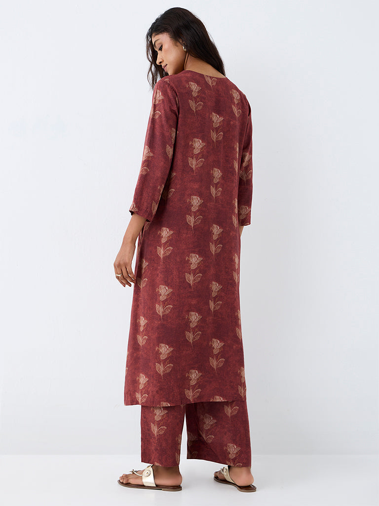 Zuba Rust Floral Design A-Line Kurta