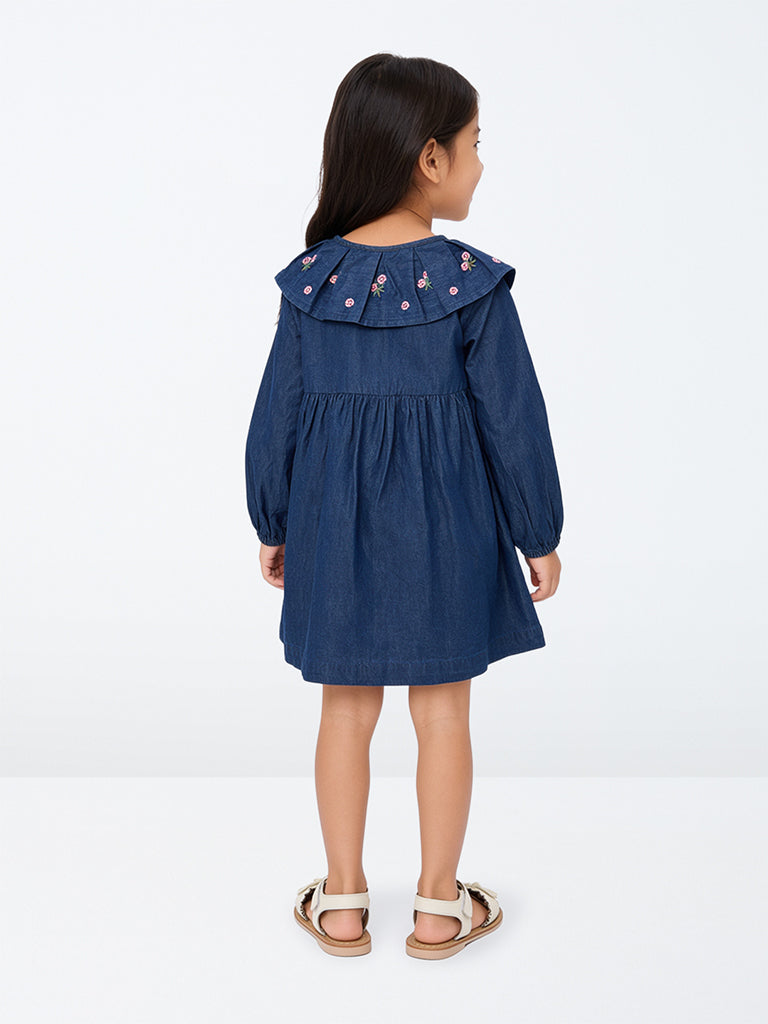 HOP Kids Girls Dark Blue Floral Embroidered A-Line Denim Dress