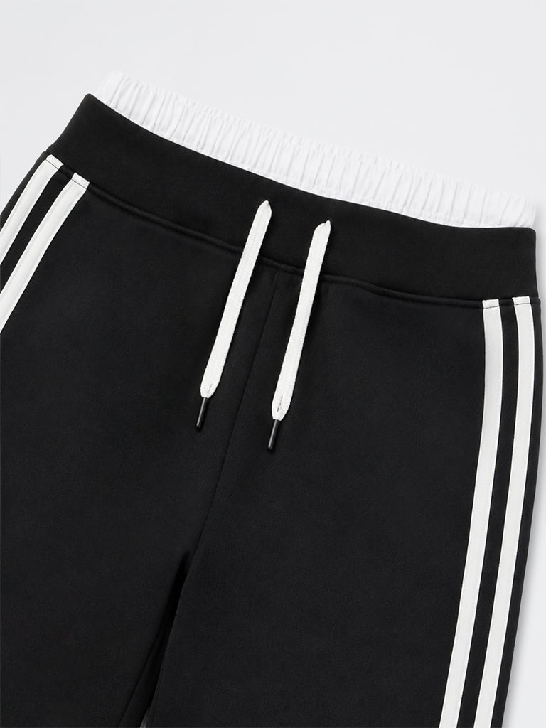 Girls Black Striped High-Rise Track Pants