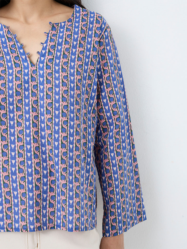 Utsa Blue Floral Pattern Cotton Top
