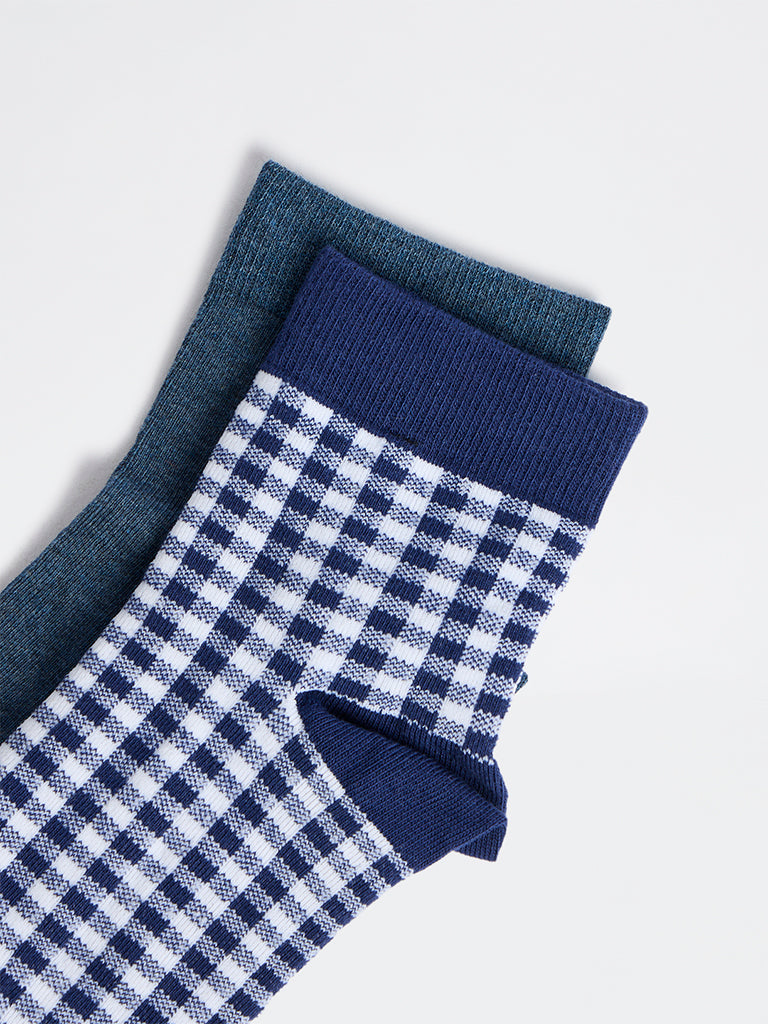 Superstar Navy Gingham Checkered Cotton-Blend Ankle Socks - Pack of 2
