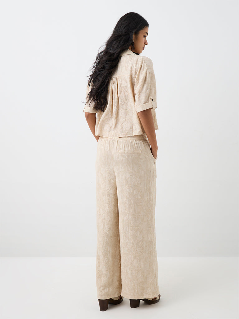LOV Light Beige Floral Jacquard High-Rise Cotton-Blend Trousers