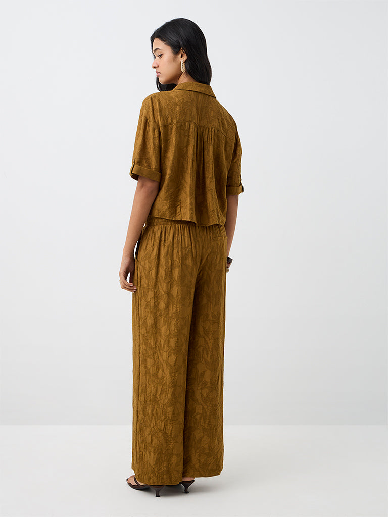 LOV Dark Mustard Floral Jacquard High-Rise Trousers