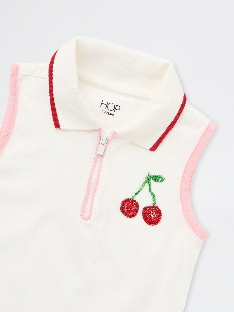 HOP Kids Girls Off-White Cherry Embellished Cotton Polo T-Shirt