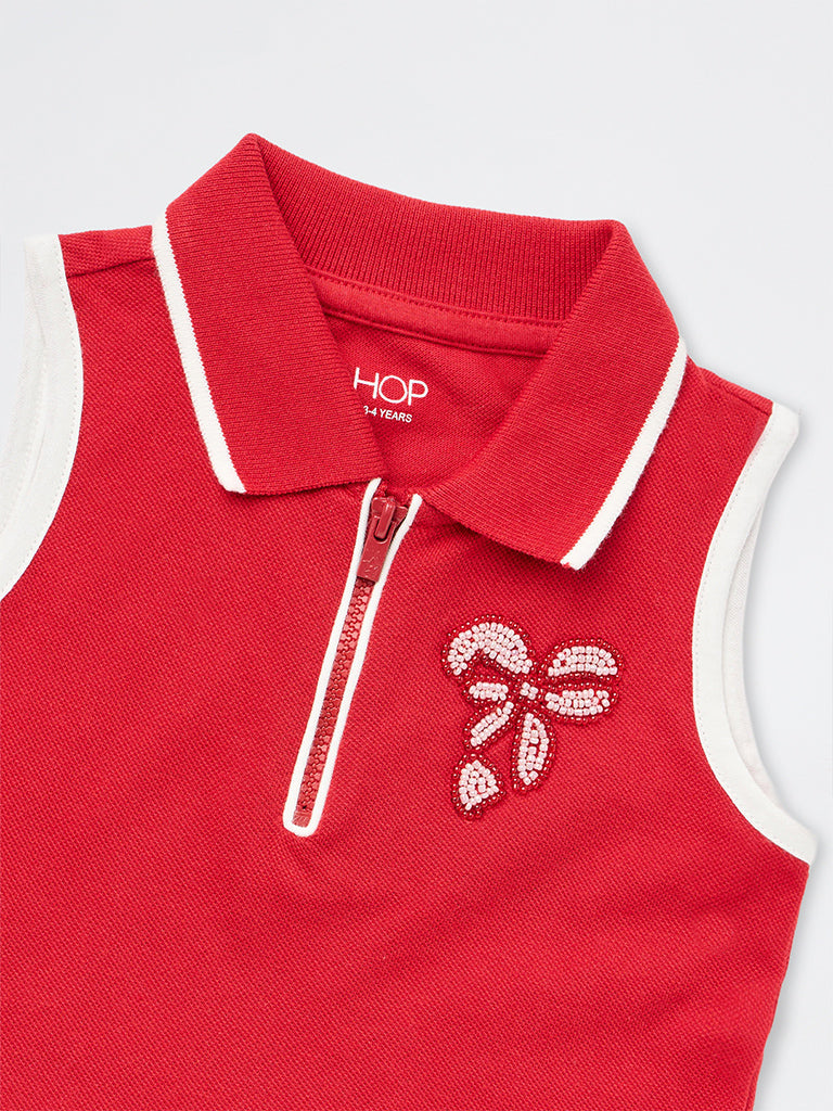 HOP Kids Girls Red Quarter-Zip Cotton Polo T-Shirt
