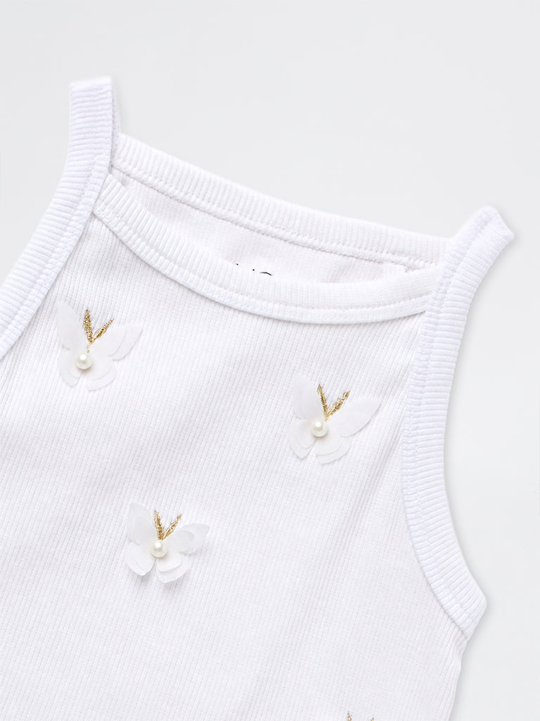 HOP Kids Girls White Butterfly Appliqué Cotton-Blend Top