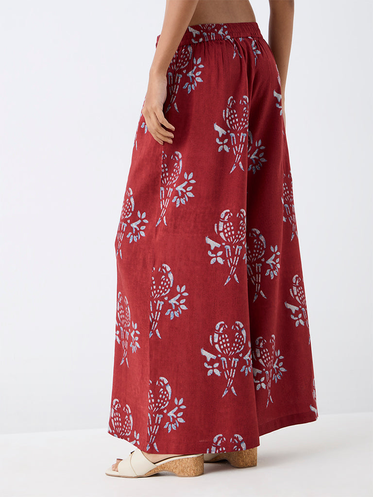 Utsa Red Bird Printed Flared Palazzos