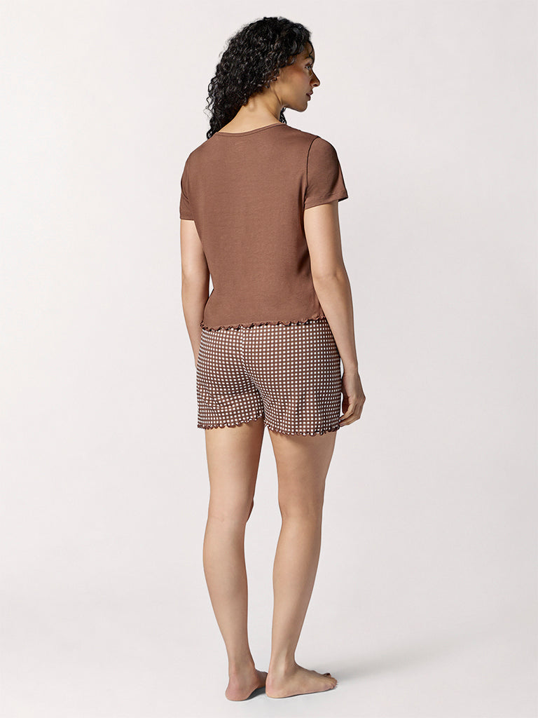 Wunderlove Brown Heart Design Cotton T-Shirt and Shorts Set