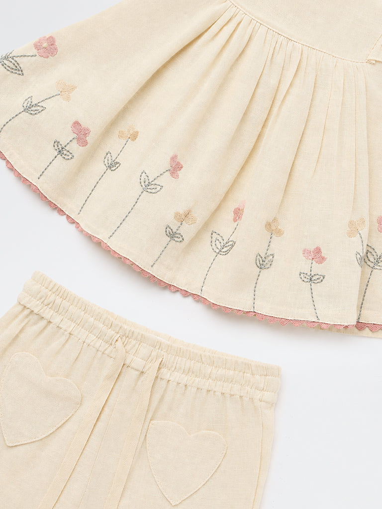 HOP Baby Girls Beige Floral Embroidered Peplum Top and Pants Set