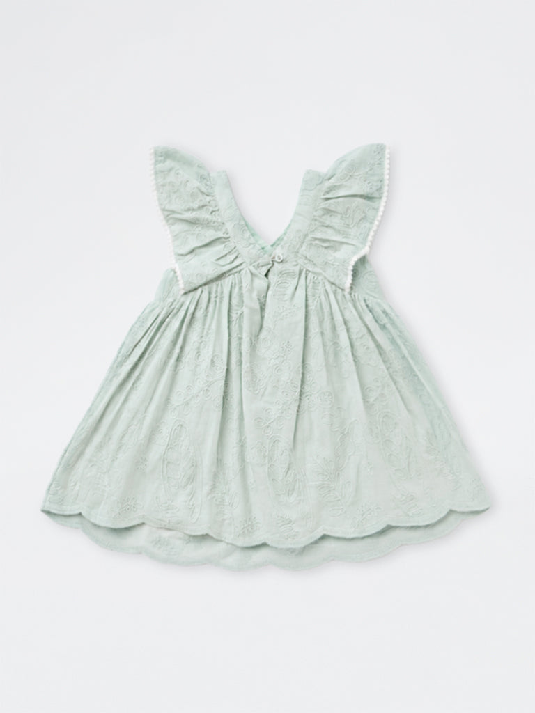 HOP Baby Girls Mint Floral Embroidered Cotton A-Line Dress