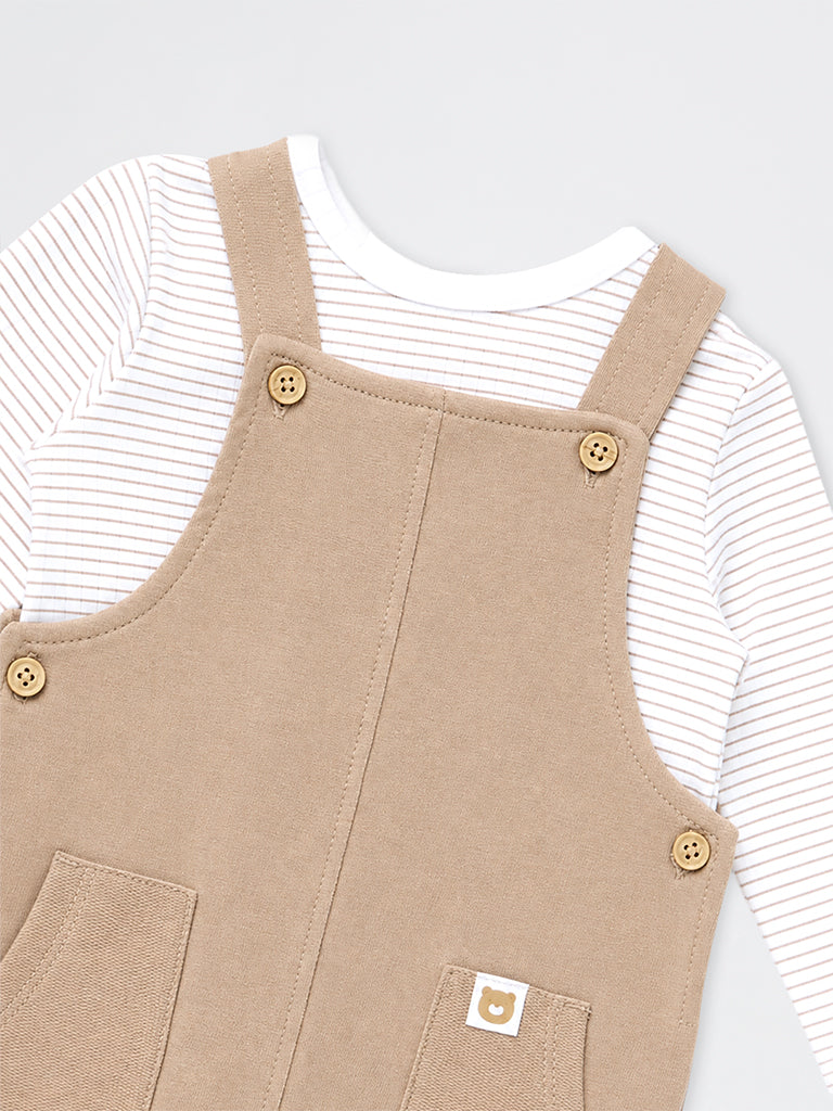 HOP Baby Boys Dark Beige Cotton Dungaree with T-Shirt Set