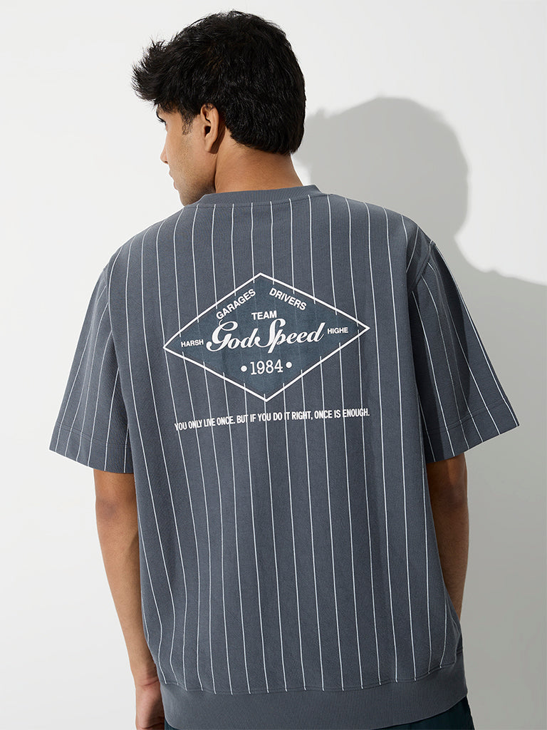 Nuoflexx Dusty Blue Striped Relaxed-Fit Cotton-Blend T-Shirt