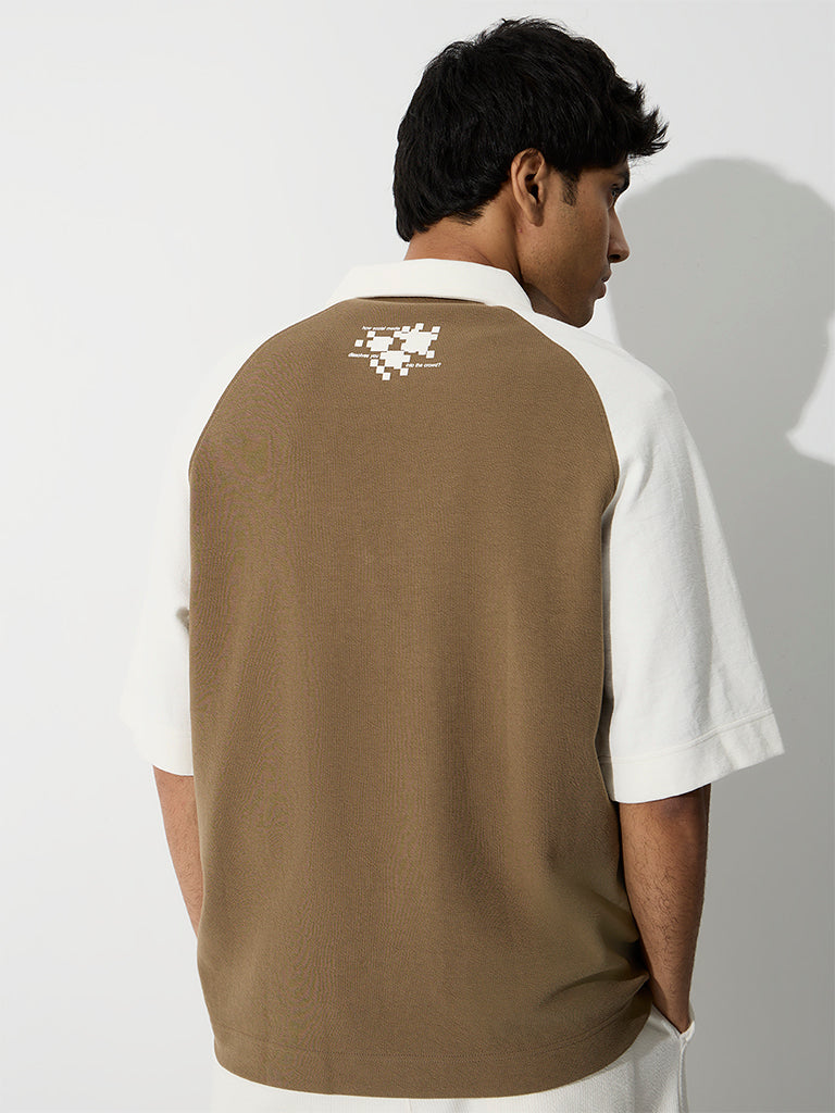 Nuoflexx Taupe Colour-Blocked Relaxed-Fit Quarter-Zip Cotton-Blend Polo T-Shirt