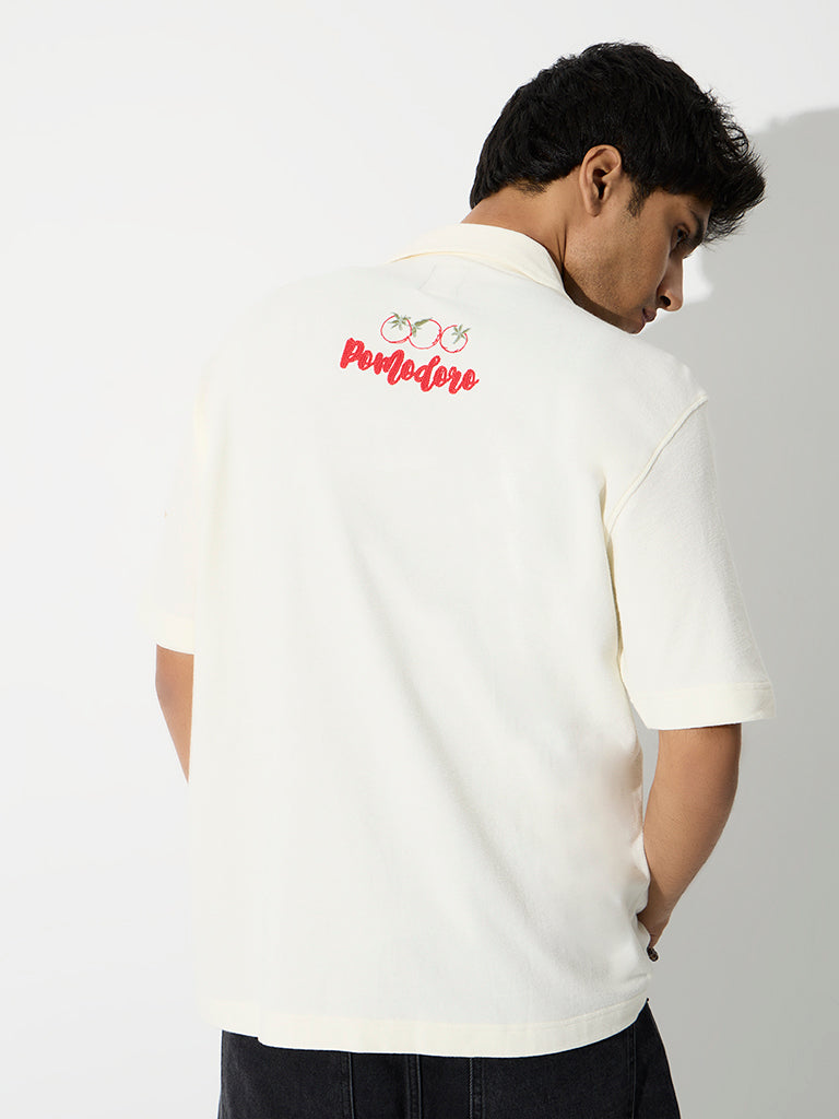 Nuon Cream Italian Food Embroidered Relaxed-Fit Cotton Shirt