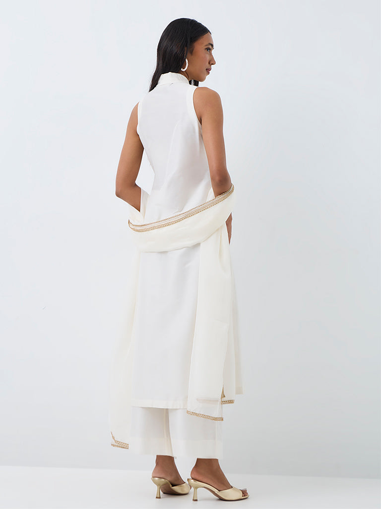 Vark Off-White Nature-Theme Embroidered A-Line Ethnic Set