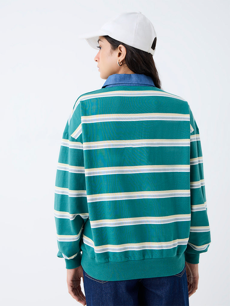 Nuon Teal Striped Quarter-Zip Cotton Sweatshirt