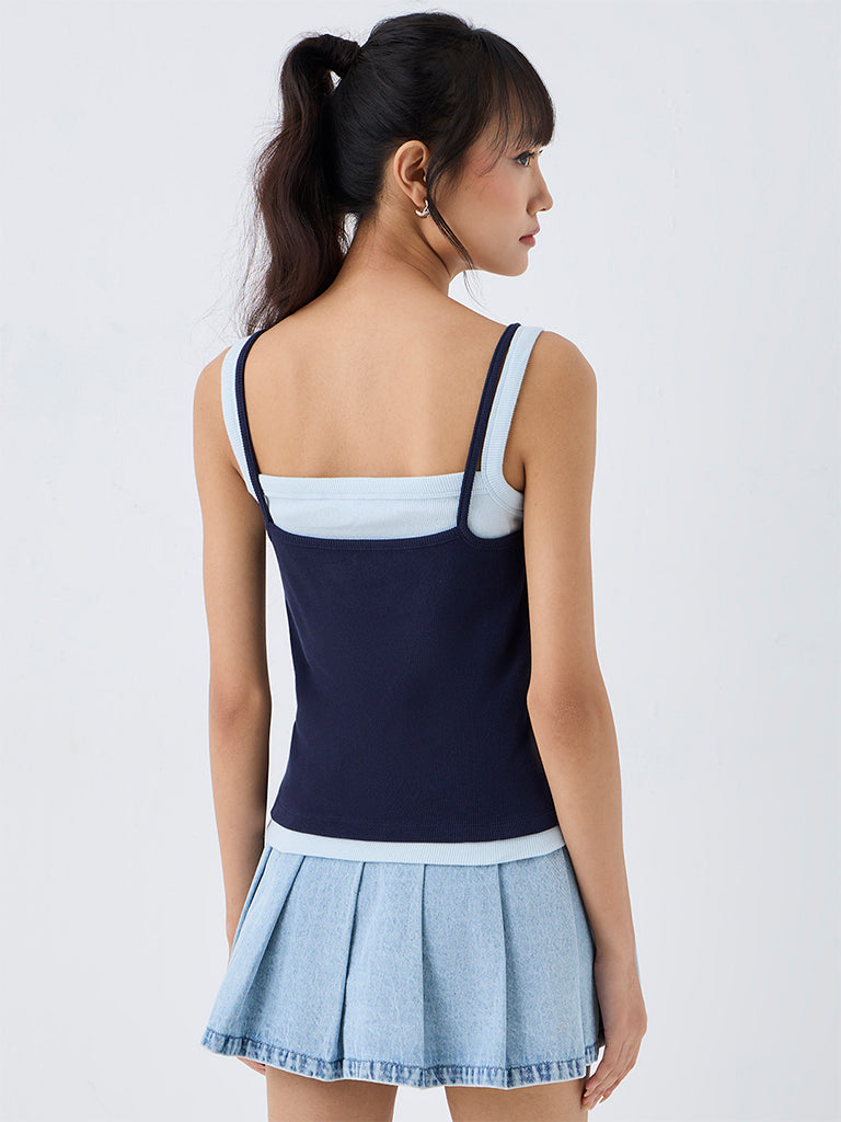 Nuon Blue Floral Lace Double Effect Cotton Top