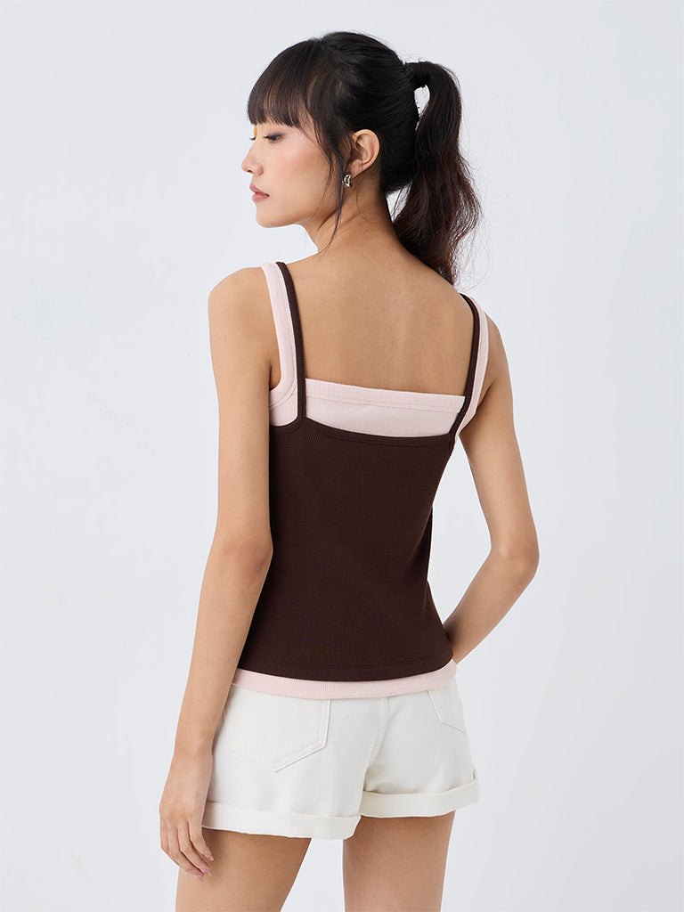 Nuon Brown Floral Lace Double Effect Cotton Top