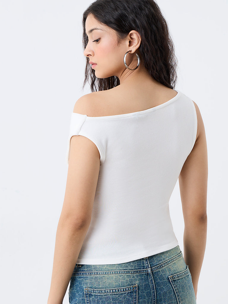 Nuon White Text Printed Off-Shoulder Top