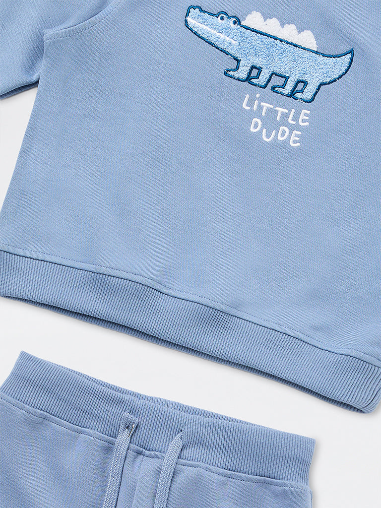 HOP Baby Boys Dusty Blue Animal Embroidered Sweatshirt with Joggers Set
