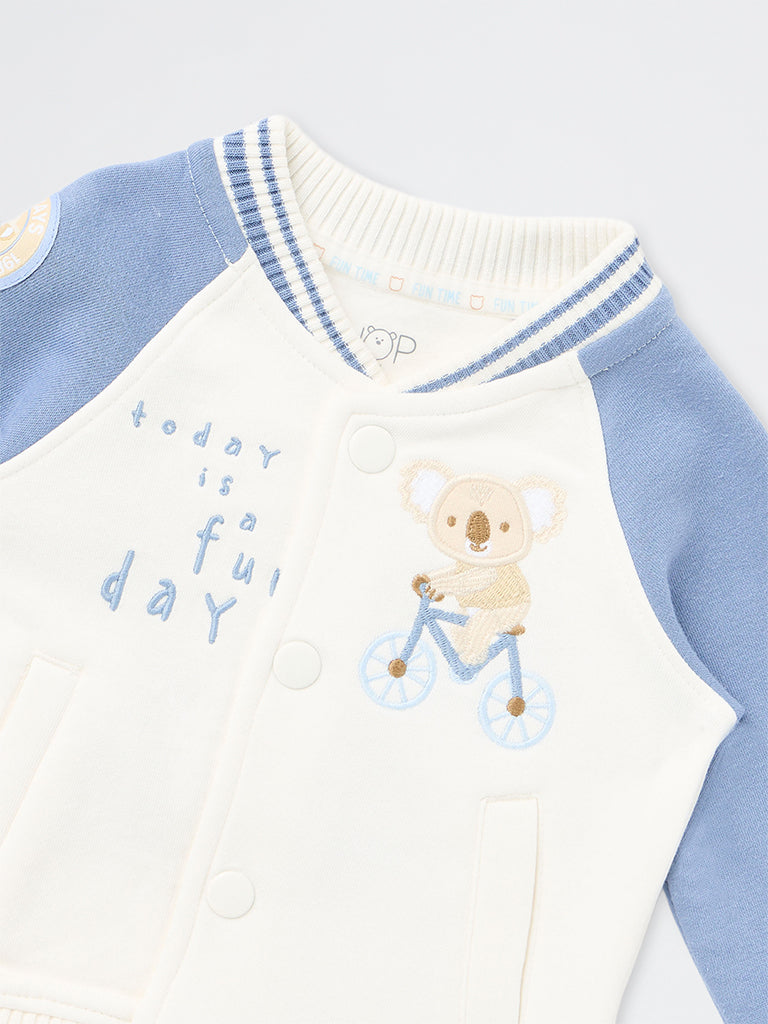 HOP Baby Boys Dusty Blue Animal Embroidered Cotton-Blend Varsity Jacket
