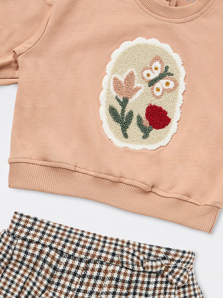 HOP Baby Girls Brown Floral Embroidered Cotton Sweatshirt and Skirt Set
