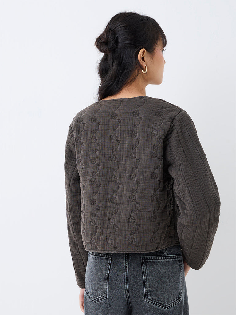Bombay Paisley Charcoal Floral Embroidered Quilted Cotton Jacket