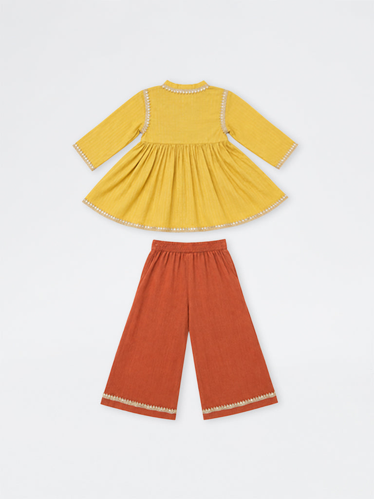 Utsa Kids Girls Yellow Sequin Embellished Cotton Top and Ethnic Pants Set - (2 -8 yrs)