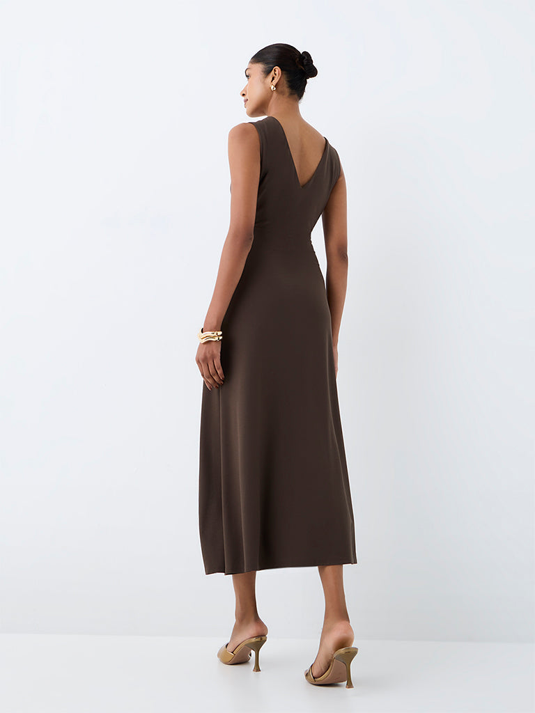Wardrobe Khaki Solid A-Line Dress