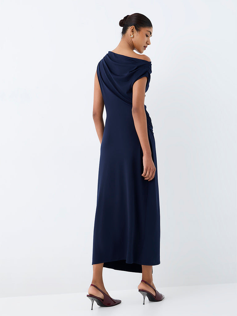 Wardrobe Navy Solid One-Shoulder Dress