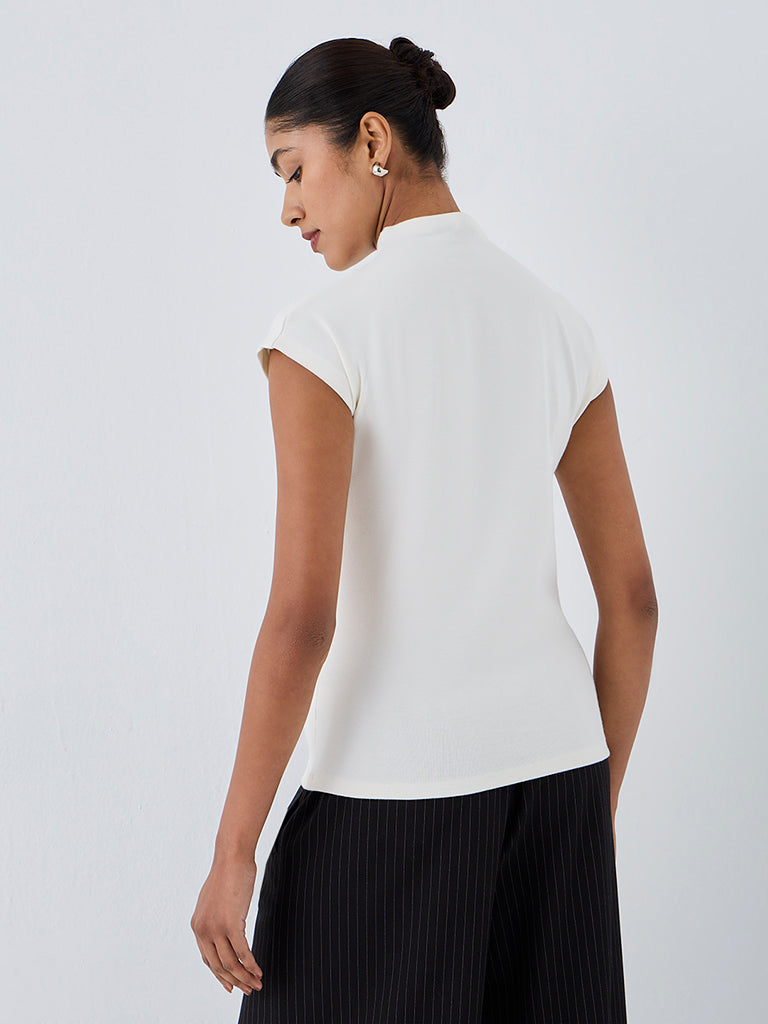 Wardrobe White Solid Mock-Neck Cotton-Blend Top
