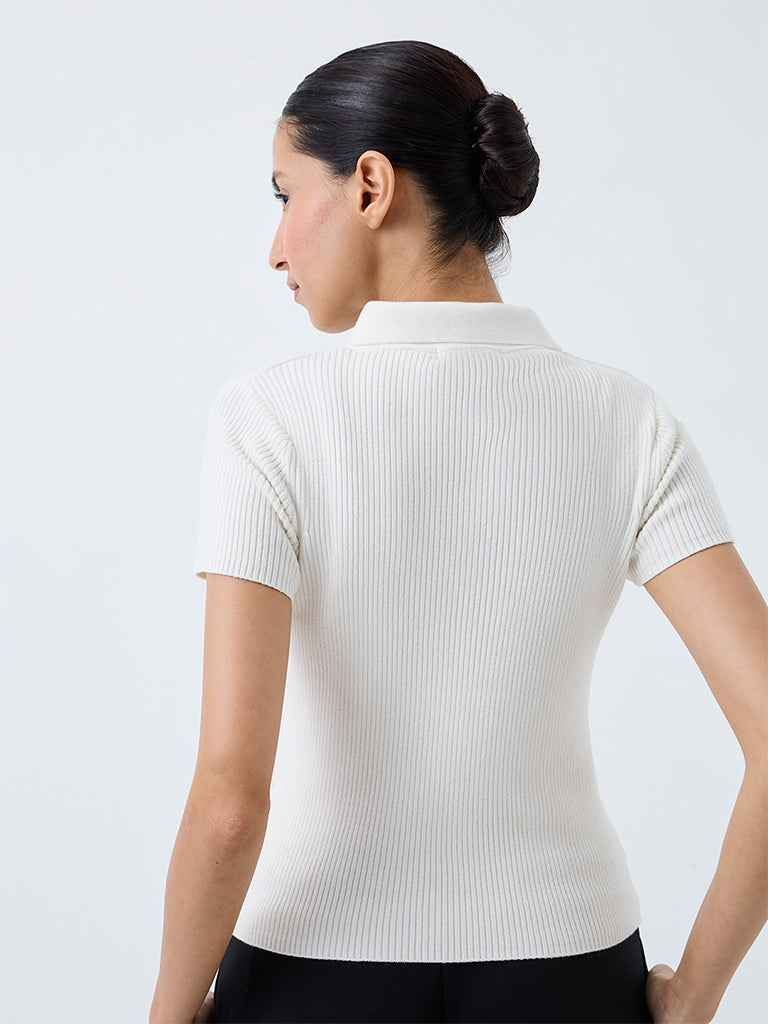 Nuoflexx White Ribbed-Textured Quarter Zip Polo T-Shirt