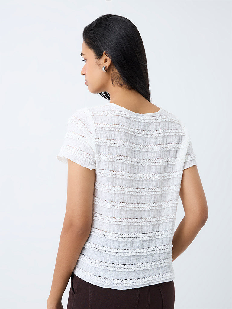 LOV White Lace-Detail Textured Cotton-Blend Top