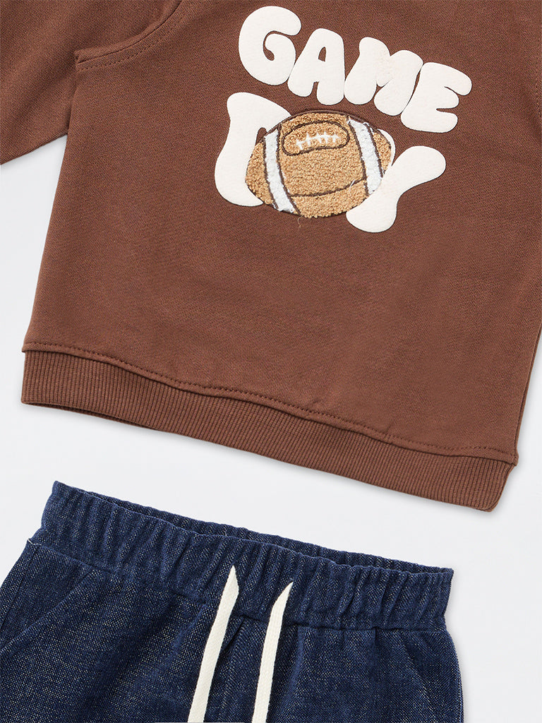 HOP Baby Boys Dark Brown Baseball-Theme Cotton Sweatshirt and Jogger Set