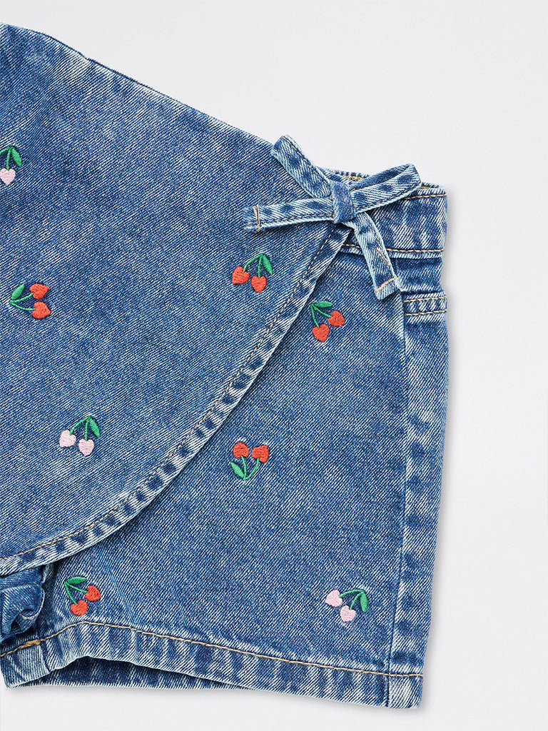 HOP Kids Girls Blue Embroidered High-Rise Denim Skort
