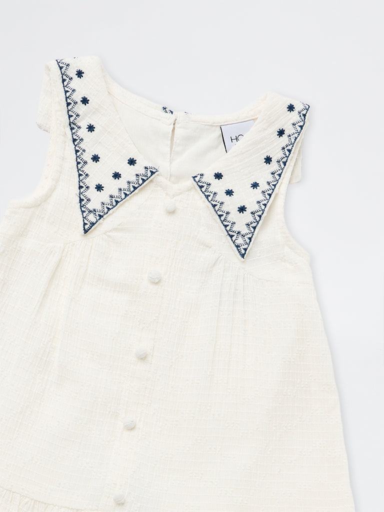 HOP Kids Girls Off-White Embroidered Cotton Drop-Waist Dress