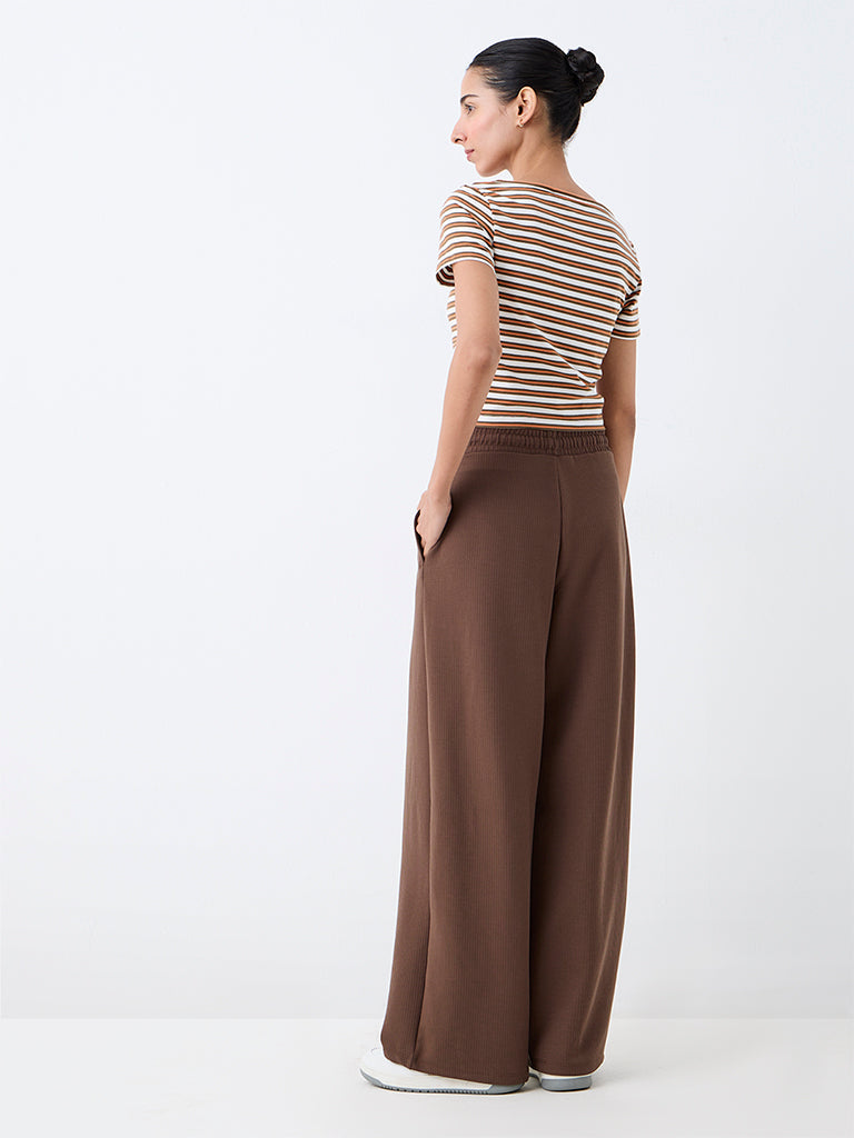 Nuoflexx Brown Ribbed-Textured High-Rise Track Pants