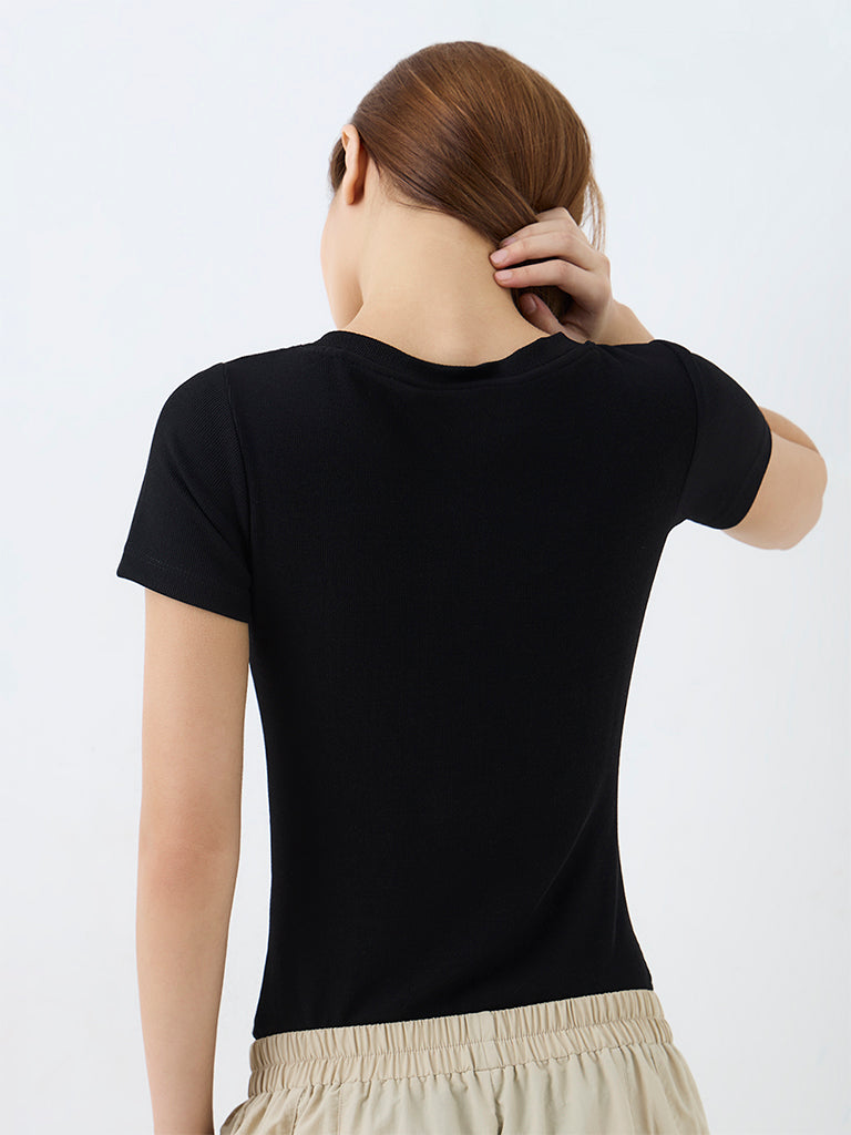 Nuoflexx Black Ribbed-Textured Bodysuit