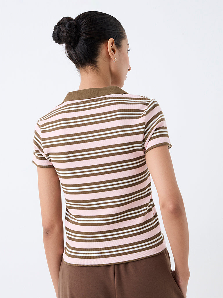 Nuoflexx Pink and Brown Striped Cotton-Blend T-Shirt